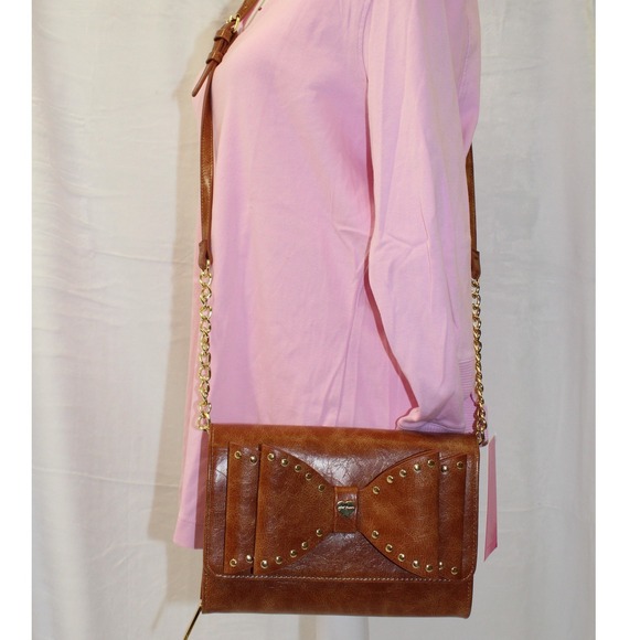 Betsey Johnson Studded Bow Crossbody Wallet Purse NWT Brown - Picture 11 of 13